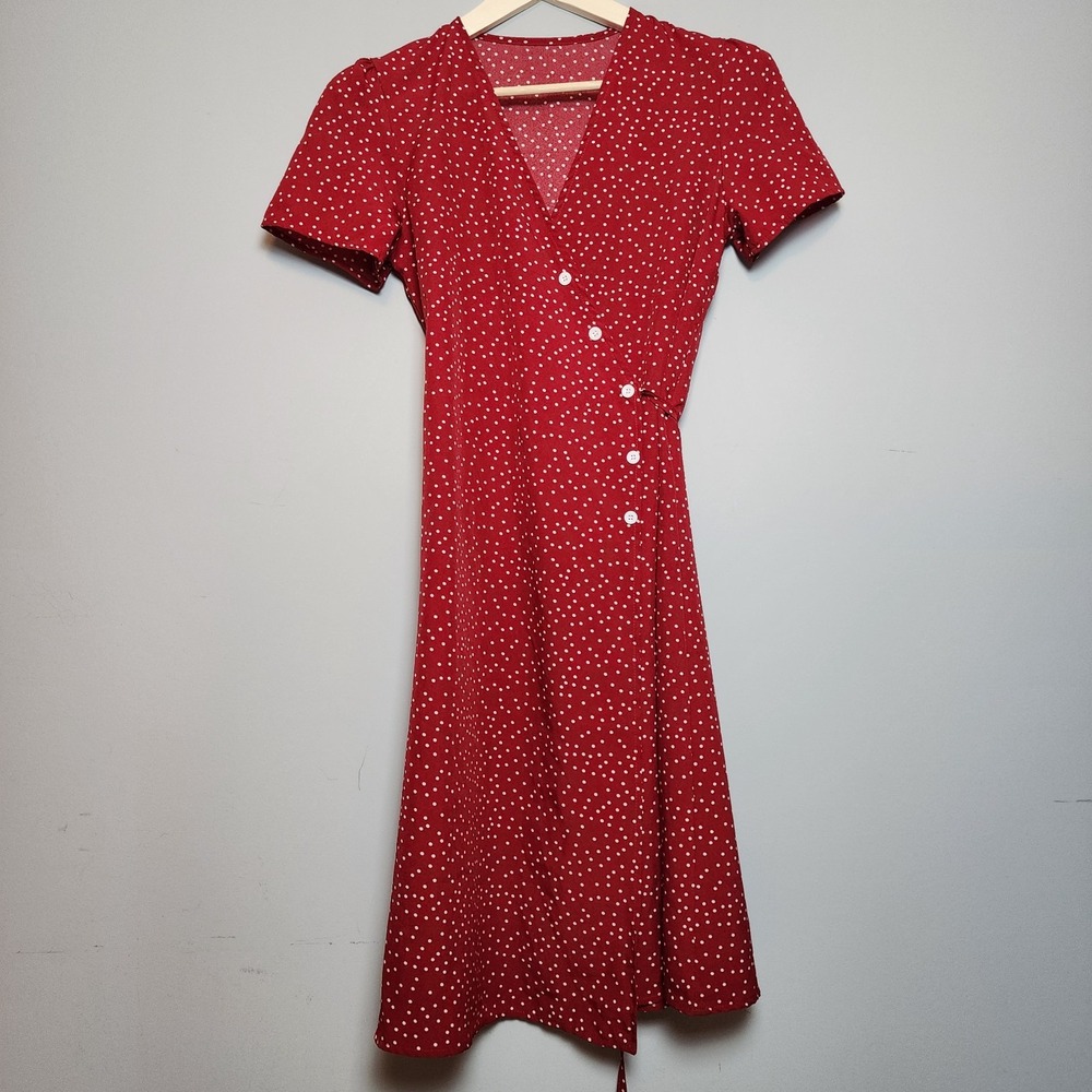 Polka Dot Faux Wrap Short Sleeve Mini Dress Red Small